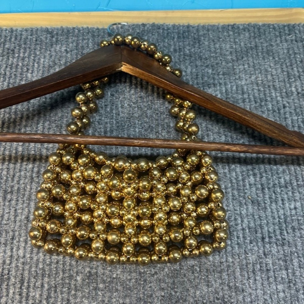 Gold Beaded Mini Handbag Top Handle Metallic Sphere Evening Bag Retro Glam - Picture 2 of 3